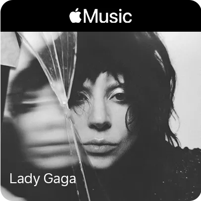 Imagem de uma mulher olhando para frente com um efeito de vidro quebrado. Lê-se: "Lady Gaga"